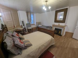 1 dormitorio con 1 cama y chimenea en Gîte Bourmont-entre-Meuse-et-Mouzon-Bourmont, 4 pièces, 6 personnes - FR-1-611-96, en Bourmont