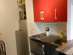 a small kitchen with red cabinets and a sink at Appartement Le Pleynet, 1 pièce, 3 personnes - FR-1-557A-54 in La Ferrière