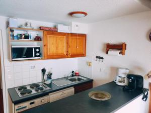 德沃吕伊Chalet 3 pièces, La Joue du Loup, 8 pers, terrasse, parking - FR-1-504-679的一个小厨房，里面有水槽和炉灶。