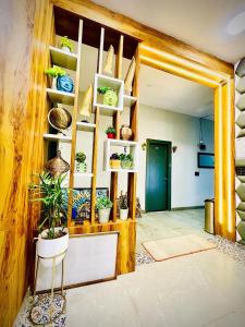 une chambre avec une bande de plantes sur des étagères dans l'établissement Hotel Spiritual Land, à Mathura