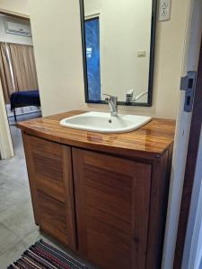 W łazience znajduje się umywalka i lustro. w obiekcie Grapefruitstraat w mieście Paramaribo