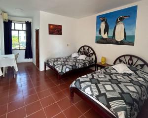 two beds in a room with two penguins on the wall at Hotel Isla del descanso in Puerto Villamil