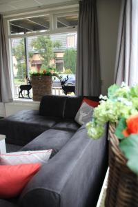 een woonkamer met een zwarte bank en een raam bij Apartments Bommels in Vierhouten