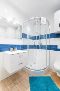 a bathroom with a shower and a sink and a toilet at Apartament HOME 206 Łukęcin BlueMare EPapartamenty in Łukęcin