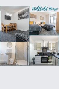 a collage of photos of a kitchen and a living room at Wellfield Serviced Accommodation (Warrington) in Warrington