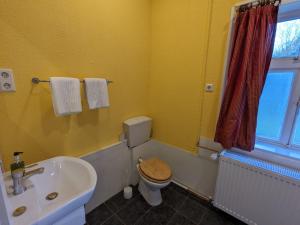 a yellow bathroom with a toilet and a sink at „Altes Forsthaus“ am Schloss in Uelzen