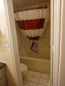 76 Family Inn في برانسون: حمام مع مرحاض وستارة دش
