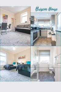 a collage of photos of a kitchen and a living room at Briscoe Serviced Accommodation in Manchester