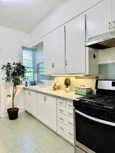 a kitchen with white cabinets and a black stove at Cozy 2B1B Home ｜Walk to BROWN｜RISD｜Pet friendly in Providence
