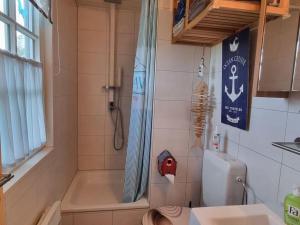 a bathroom with a shower and a toilet and a sink at Holiday home Amelie Comfortable Vacation Home in Sieseby +29 photos