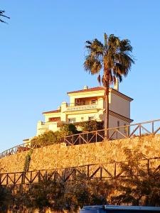 a house on top of a hill with a palm tree at Vistas al Guadiana, Chalet a 10 minutos de la playa in Ayamonte