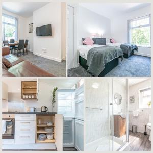 una camera da letto e un soggiorno con letto e cucina di Chorley Contractor Accommodation a Chorley