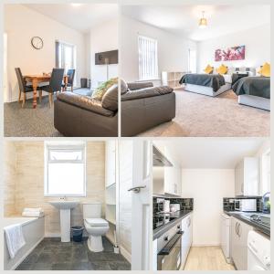 a kitchen and a living room with a couch at Goose Green Contractor Accommodation in Pemberton