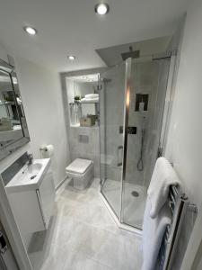 a bathroom with a shower and a toilet and a sink at Well house in Stone