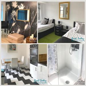 un collage di foto di una camera da letto e di un soggiorno di Great Sankey Serviced Accommodation a Warrington
