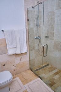 uma casa de banho com uma cabina de duche em vidro e um WC. em Apartment 8 em Acra