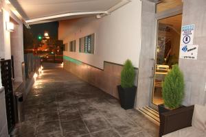 a hallway of a building with two potted plants at Hostal Doña Manuela in Málaga