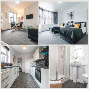 a collage of photos of a bedroom and a living room at Firs Serviced Accommodation in Leigh