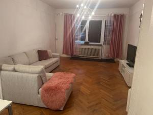 ein Wohnzimmer mit einem Sofa und einem TV in der Unterkunft Stor lägenhet in Malmö