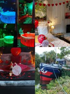 a collage of pictures of a room with a boat at Péniche Morgane 2 chambre d'hôtes in Cambrai