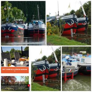 a collage of pictures of a boat on the water at Péniche Morgane 2 chambre d'hôtes in Cambrai