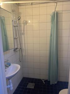 ein Bad mit einem Waschbecken und einer Dusche in der Unterkunft Stor lägenhet in Malmö