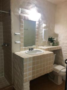 a bathroom with a sink and a mirror and a toilet at Suit Junior Emano 410 in Ixtapa