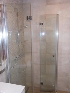 a shower with a glass door in a bathroom at Grey Tuwima in Olsztyn
