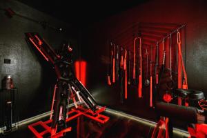 ein Zimmer mit einem Fahrrad in einem Zimmer mit roten Lichtern in der Unterkunft World Of Ecstasy - Apartament BDSM in Reda