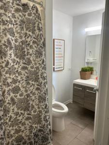 a bathroom with a toilet and a shower curtain at Beautiful loft style townhouse-vaulted ceilings in Romeoville
