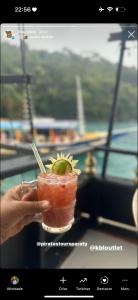 een hand met een drankje met een limoen erin bij Pousada Caminho do Mar in Paraty
