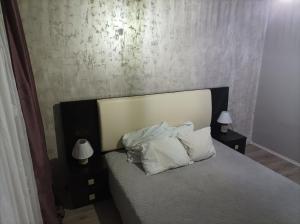 ein Schlafzimmer mit einem Bett mit zwei Kissen und zwei Lampen in der Unterkunft Centrul Vechi Aparthotel in Brăila
