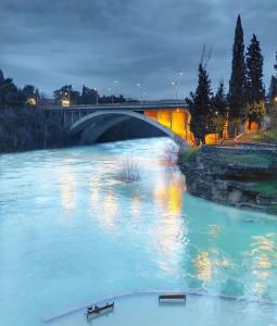 un puente sobre un río con dos barcos en el agua en MILENIJUM APARTMANIII, en Podgorica