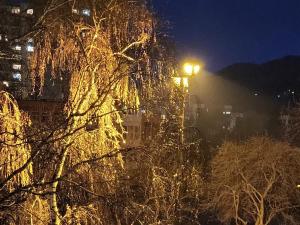 a street light with lights on a tree at night at Apartment Urban Nest in Zenica
