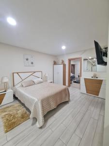 um quarto branco com uma cama grande e uma televisão em apartamento T2 zona rural em Vila Nova de Paiva