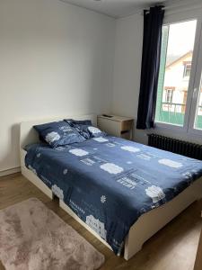 1 dormitorio con 1 cama con manta azul y ventana en Chambres dans maison très agréable Versailles porchefontaine, en Versalles