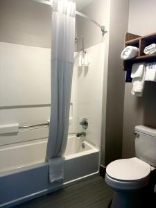ein Badezimmer mit einem WC und einer Badewanne mit einem Duschvorhang in der Unterkunft Days Inn by Wyndham North Little Rock Maumelle in Maumelle