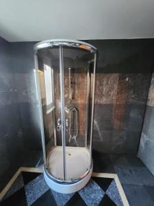 eine Dusche im Bad mit Glastür in der Unterkunft Pension Doppelbett Zimmer 13 