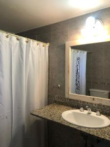 une salle de bain avec un lavabo et un rideau de douche dans l'établissement Cabañas el Pinar, à Huerta Grande