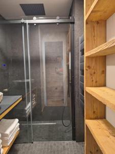 a shower with a glass door in a room at paisible appartement près des pistes in La Salle Les Alpes