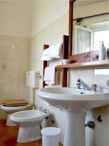 a bathroom with a sink and a toilet and a mirror at Da Gigi in Margno