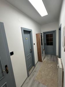 Niederaigen的住宿－Familien Apartment，一条空的走廊,有两扇门,有地毯