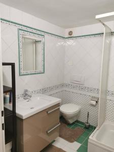 een badkamer met een wastafel, een toilet en een spiegel bij Apart Desiree in Arzl im Pitztal