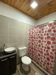een badkamer met een toilet en een wastafel met een douchegordijn met bloemen bij El viejo LEPI Aparts in El Calafate