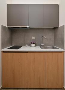 a kitchen with wooden cabinets and a sink at Olympus Diamond studios in Olympic Beach