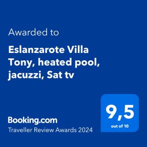 Captura de pantalla de un teléfono móvil con el texto otorgado a la villa Elkinapeake en Eslanzarote Eco Villa Tony, heated pool, jacuzzi, Sat tv, Super wifi en La Costa