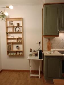 a kitchen with green cabinets and a table in a room at As Conchas in Vilagarcia de Arousa