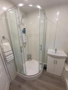ein Bad mit einer Dusche und einem Waschbecken in der Unterkunft Homie in Aberdeen