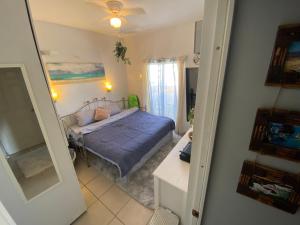 a bedroom with a blue bed and a mirror at Modern 1-bedroom Apartment in Cabo San Lucas in Cabo San Lucas