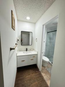 a bathroom with a sink and a toilet and a mirror at Beautiful House with Fantastic view in Azusa in Azusa